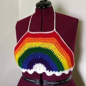 Small Rainbow Halter Crop Top crochet premade handmade ready-to-ship